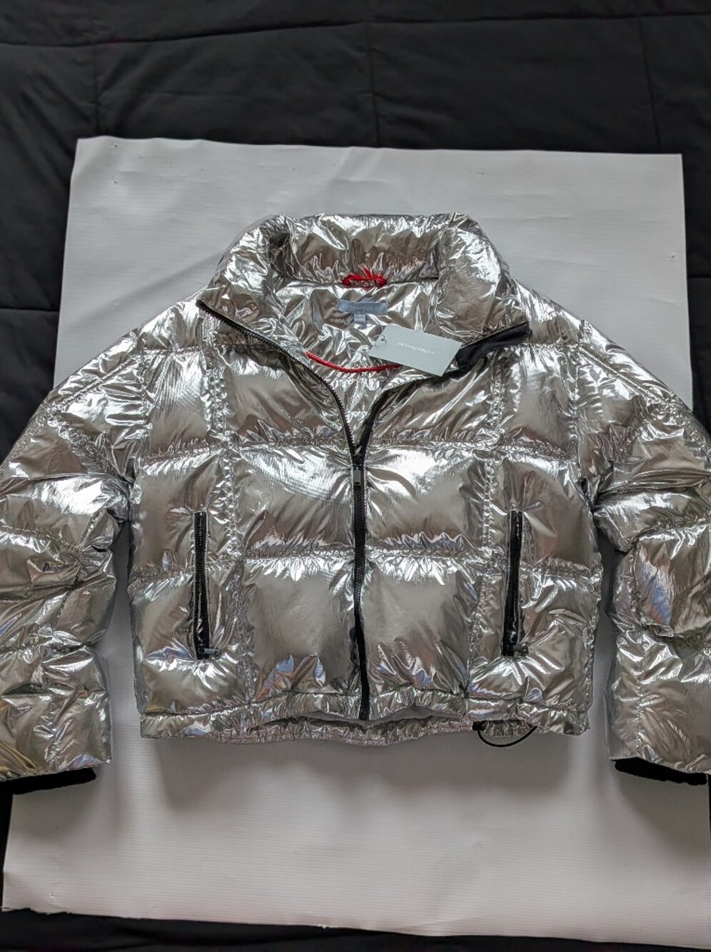 ANTONIO MELANI Metallic Silver Quilted Puffer Jacket with Hood